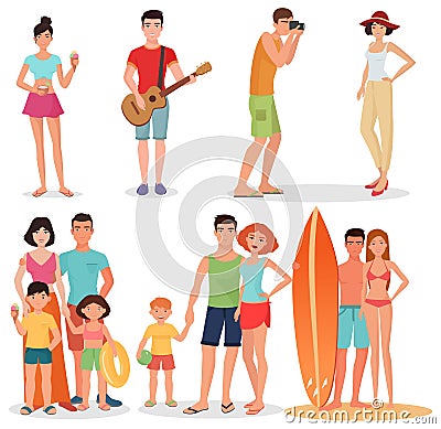 People and couples on vacation beach party collection. Summer holidays set. Vector Illustration