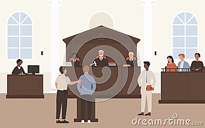 People in Court vector illustration, cartoon flat advocate barrister and accused character standing in front of judge Vector Illustration