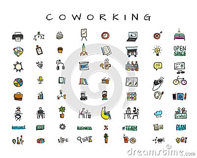 People in coworking office, icons set for your design Vector Illustration