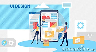 People create ui design concept with tiny designer team Vector Illustration