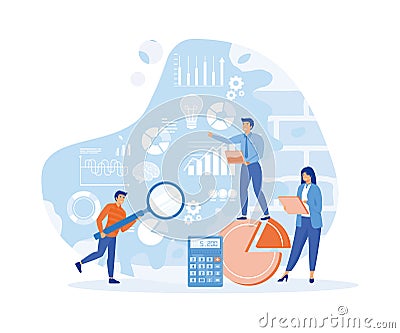 People creating chart analyze statistics to unlock data potential. Vector Illustration