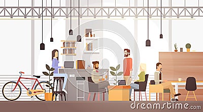 People In Creative Office Co-working Center University Campus Modern Workplace Interior Vector Illustration