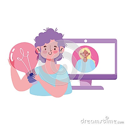 People creativity and technology,boy and girl computer message idea Vector Illustration