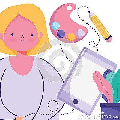 People creativity technology, girl smartphone pencil color palette design Vector Illustration