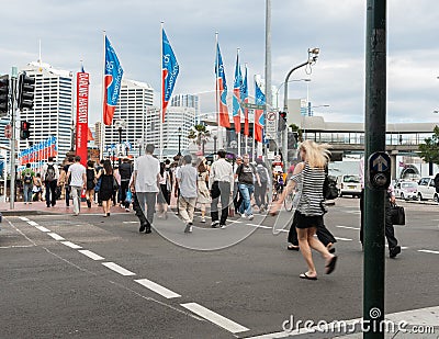 People crossing city street to Pyrmont Bridge on Darling Harbour Editorial Stock Photo