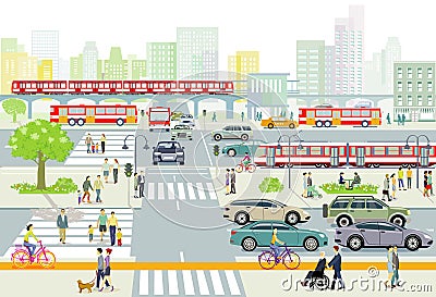 People on the crosswalk and road and rail traffic, illustration Cartoon Illustration