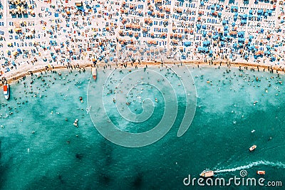 People Crowd On Beach, Aerial View Stock Photo