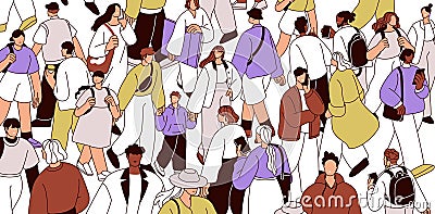 People crowd on city street. Many pedestrians going in overcrowded overpopulated metropolis. Plenty of citizens swarm Vector Illustration