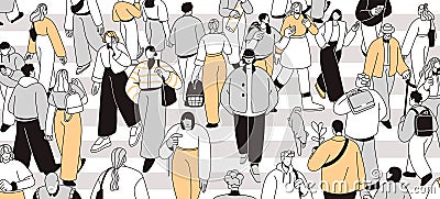 People crowd crossing street, city road. Many pedestrians going, hurrying on crosswalk, zebra panorama. Busy traffic Vector Illustration