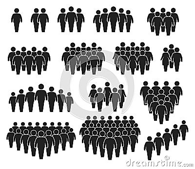 People crowd icons. Large group of people. Team of men or women. People gathering together, standing in queue. Person Vector Illustration