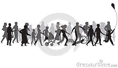 People crowd silhouette. Group of person with shadows walk. Family and children, couple together, bicycle vector Vector Illustration