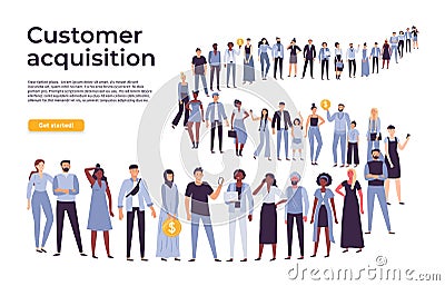 People crowd stand in queue. Business people standing and waiting in long line flat vector illustration Vector Illustration