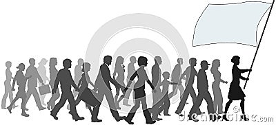 People crowd walk follow leader holding flag Vector Illustration