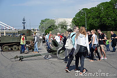 People crowds in Gorky park in Moscow celebrate Victory Day. Editorial Stock Photo