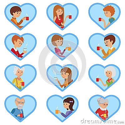 People with cup in his hand drinking hot coffee. Vector illustration icons Vector Illustration