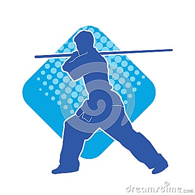 Silhouette of a slim male fighter in action pose using staff weapon. Vector Illustration