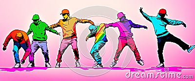 people dancing breakdance banner illustration rainbow colored Cartoon Illustration