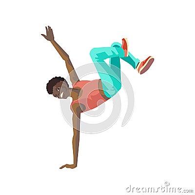 Dancing guy, standing on hand, dances in style break dance. Vector Illustration