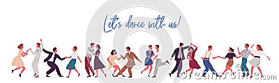 People dancing lindy hop, swing or jazz dance of 40s. Party time in retro rock n roll style. Banner with lettering and Vector Illustration