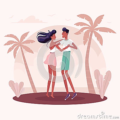 People dancing salsa, kizomba, latin, bachata, caribbean, sensual couple social dance on the beach Vector Illustration