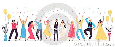 People dancing at wedding. Romance newlywed dance, traditional wedding celebration celebrating with friends and family Vector Illustration