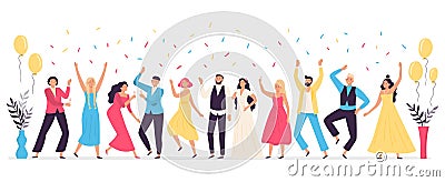 People dancing at wedding. Romance newlywed dance, traditional wedding celebration celebrating with friends and family vector Vector Illustration