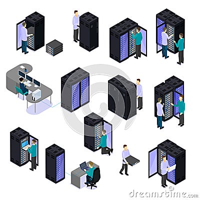 People In Data Center Isometric Set Vector Illustration
