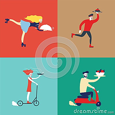 People delivering food on different means of transportation Vector Illustration