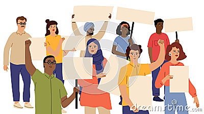 People demonstration crowd. Protesters hold placards. Afroamerican indian caucasian persons holding empty banners Vector Illustration