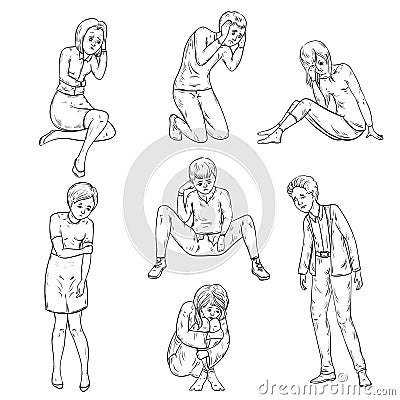 People with depressed emotions in different poses. Vector Illustration