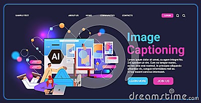 people designers working in graphic application with ai helper bot image captioning concept horizontal Vector Illustration