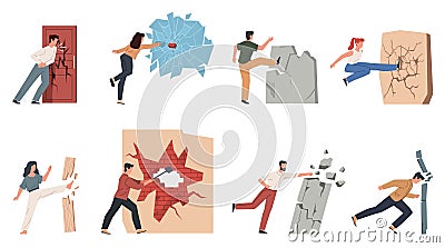 People destroying walls. Employees and businessmen overcome obstacles, persons break barriers, glass, concrete and Vector Illustration