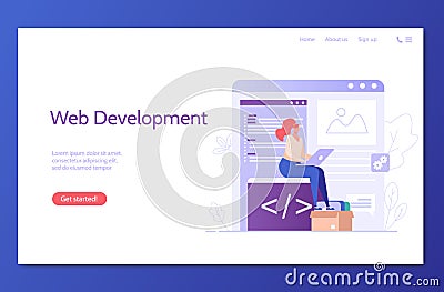 People developing mobile or web product. Web development. Concept of app development, UI interface, designing and programming Cartoon Illustration