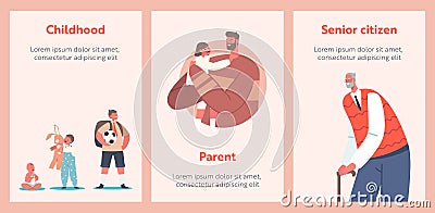 People of Different Ages Cartoon Banners. Male Characters Childhood, Middle and Senior Ages. Children Newborn, Toddler Vector Illustration