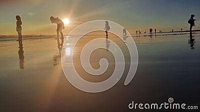 People of different cultures, ages, gender enjoying the sunset at Parangtritis Beach while standing nearly like in a row and parti Editorial Stock Photo