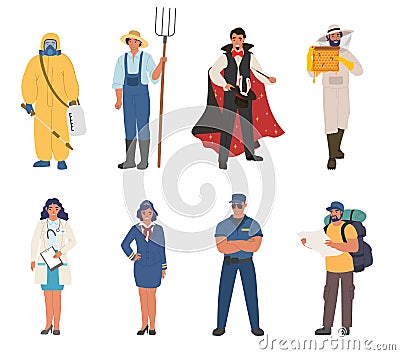 People of different occupations and professions, workers in uniform cartoon character set, flat vector illustration. Vector Illustration