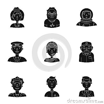 People of different profession set icons in black style. Big collection of people Vector Illustration