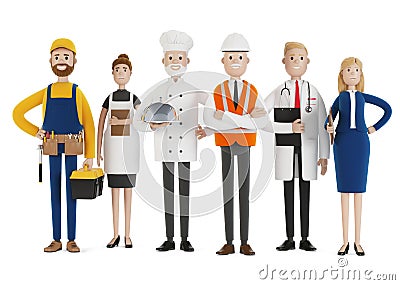 People of different professions. Builder, female waiter, cook, engineer, doctor and teacher. Labor Day. Cartoon Illustration