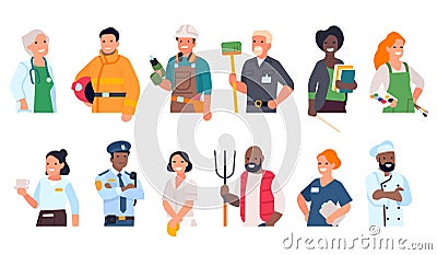 People of different professions. Cartoon worker portraits to waist with hands. Multiethnic men and women in uniform Vector Illustration