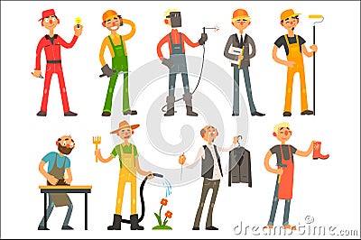 People of different professions and occupations in working outfit. Electrician, builder, welder, architect, molar Vector Illustration