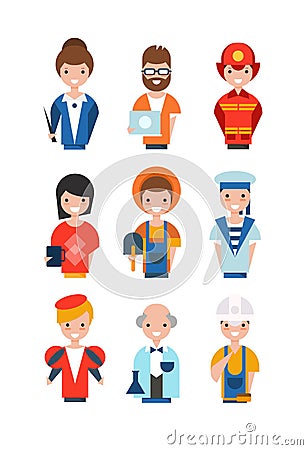 People of different professions set, working people avatars, teacher, system administrator, fireman, farmer, scientist Vector Illustration