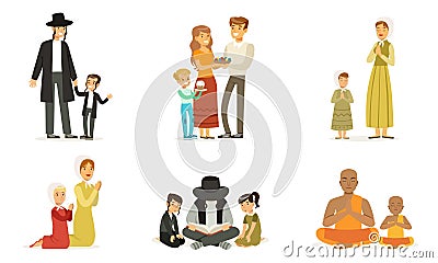 People of Different Religions Collection, Happy Families in Traditional Clothes Praying and Reading Religious Books Vector Illustration