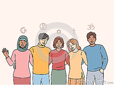 People different religions hug, feeling unity and absence of disagreements due to differences faiths Vector Illustration