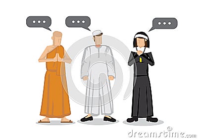 People of different religions. Islam Muslim, Buddhism monk and a christianity nun. Friendship and peace conversation between Vector Illustration