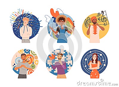 People with Different Types of Thinking with Positive, Creative, Musical and Analytical Mental Mindset Vector Set Vector Illustration