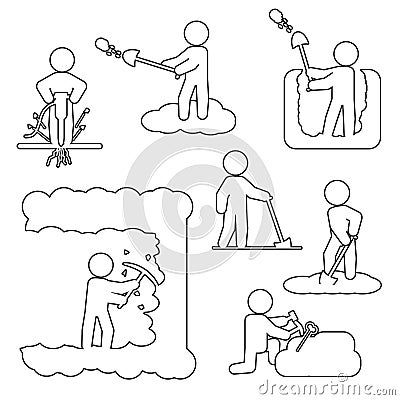 People digging, excavating or drilling thin line icon set. Vector outline icons. Vector Illustration