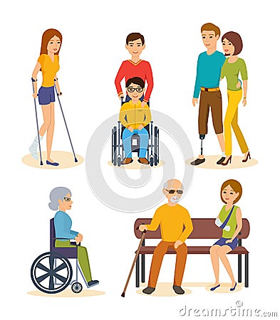 People with disabilities: on crutches, carriages, with prostheses and fractures. Vector Illustration