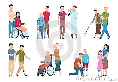 People with disabilities and friends. Disable persons in wheelchair with assistants. Happy disabled, handicapped Vector Illustration