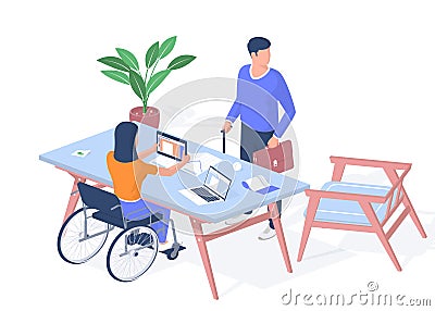 People with disabilities receive education. Woman in wheelchair with tablet studying lesson Vector Illustration
