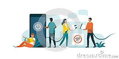People disconnecting and doing a digital detox Vector Illustration